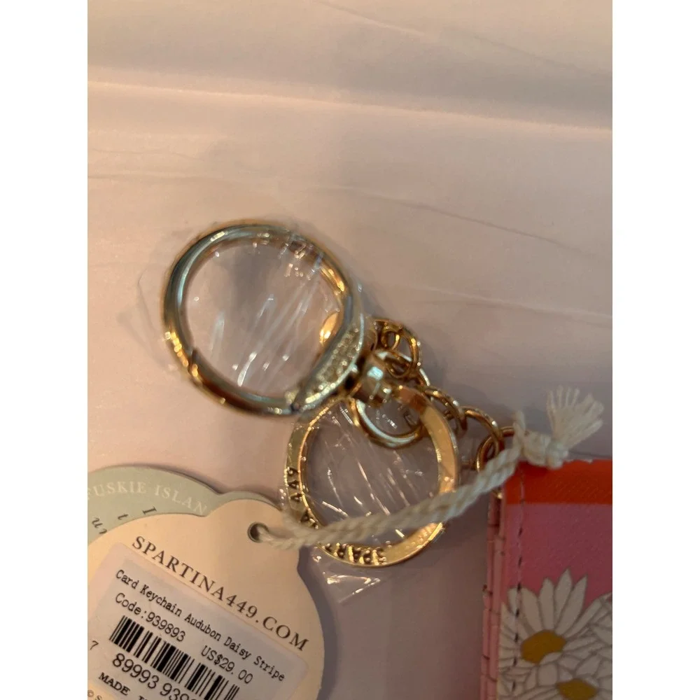NWT Spartina 449 Audubon Daisy Stripe Card Holder Keychain Wallet Pink MSRP $29
